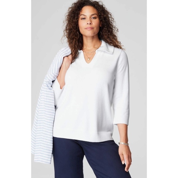 J.Jill Split V Neck Thick White Pullover Blouse Stretch Sweater Shirt Size M - Picture 1 of 11